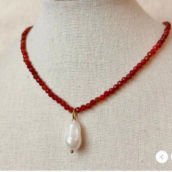 Red Agate Beaded Necklace Large Pearl Necklace Waterproof Summer Beach Jewelry - Picture 6 of 11